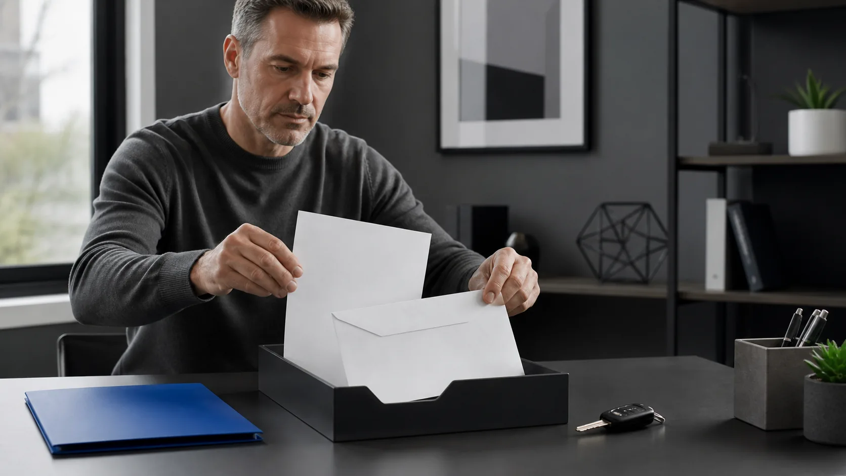 Vehicle owner placing a blank cancellation request into an outgoing tray