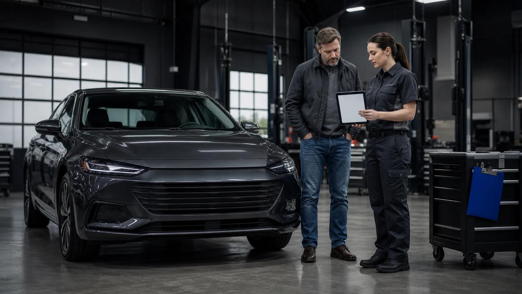 Vehicle owner and technician reviewing a blank claim tablet before repair