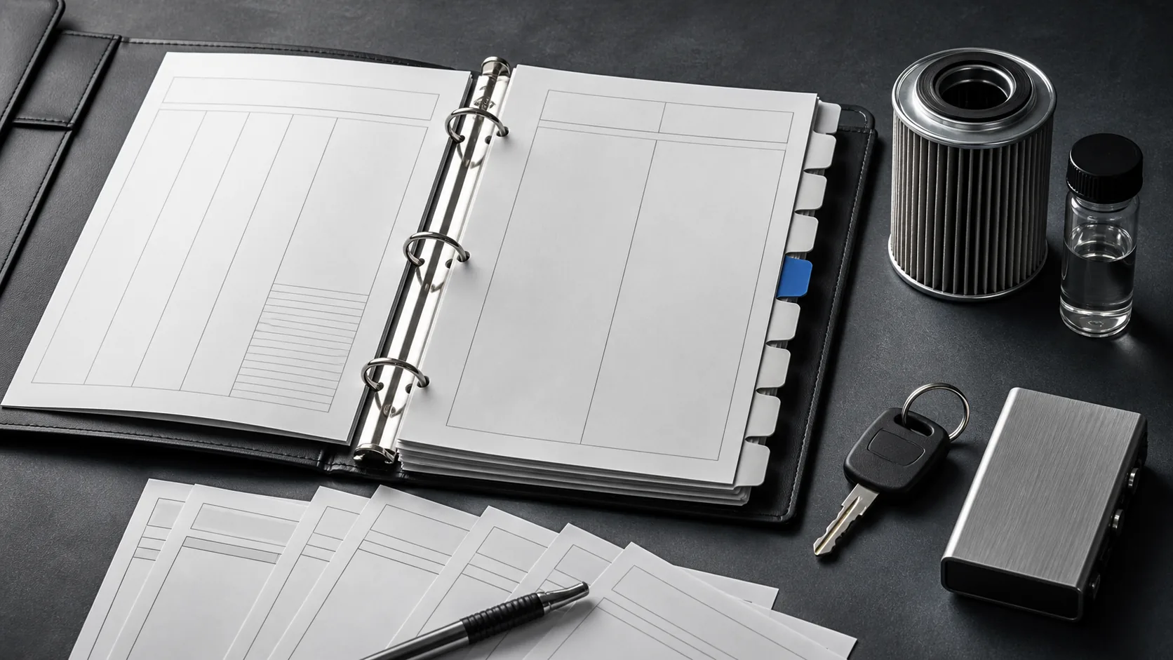 Organized blank vehicle maintenance records with a key and service parts