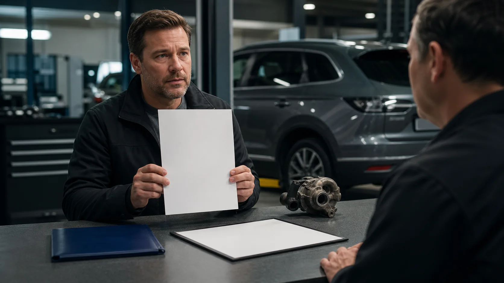 Vehicle owner reviewing a blank denial sheet and failed component at a service counter