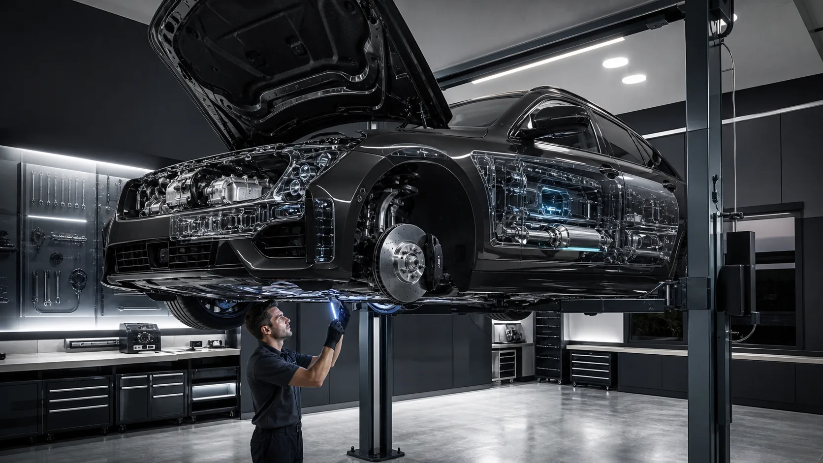 Technician inspecting highlighted systems on an unbranded vehicle