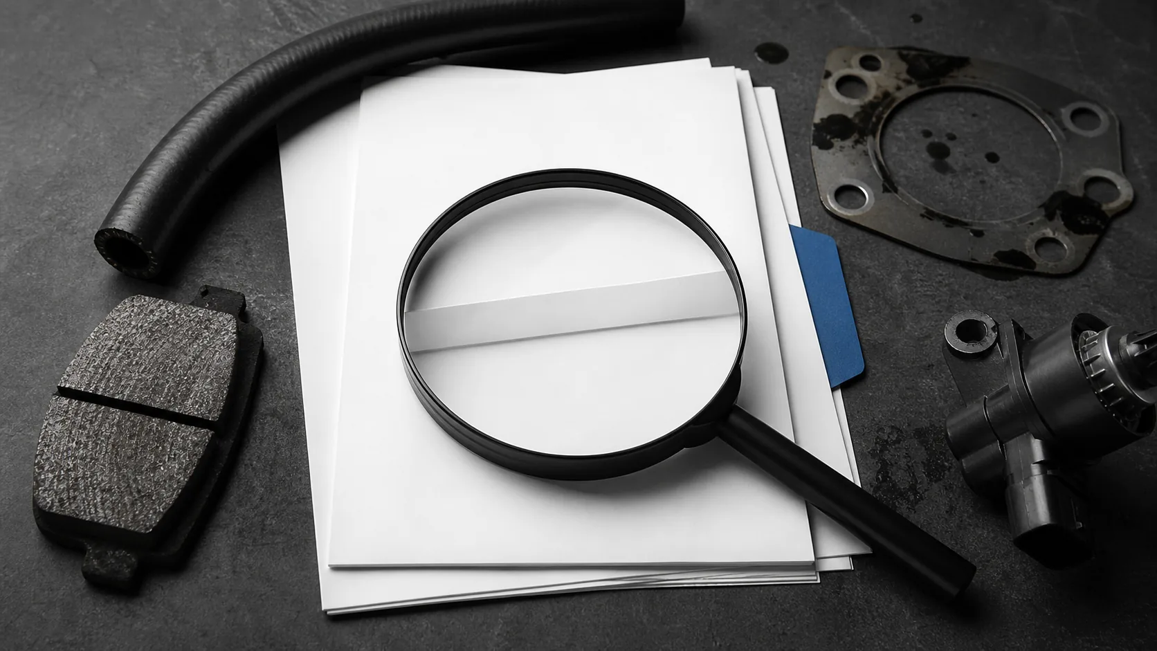 Magnifying glass over blank contract pages surrounded by excluded wear components