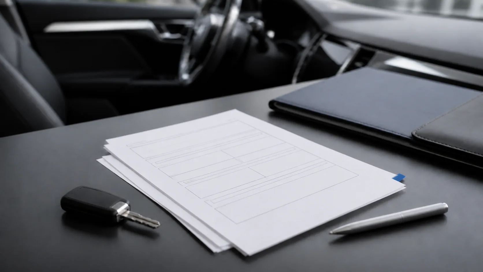 Blank vehicle contract pages, key, and pen on a dealership desk