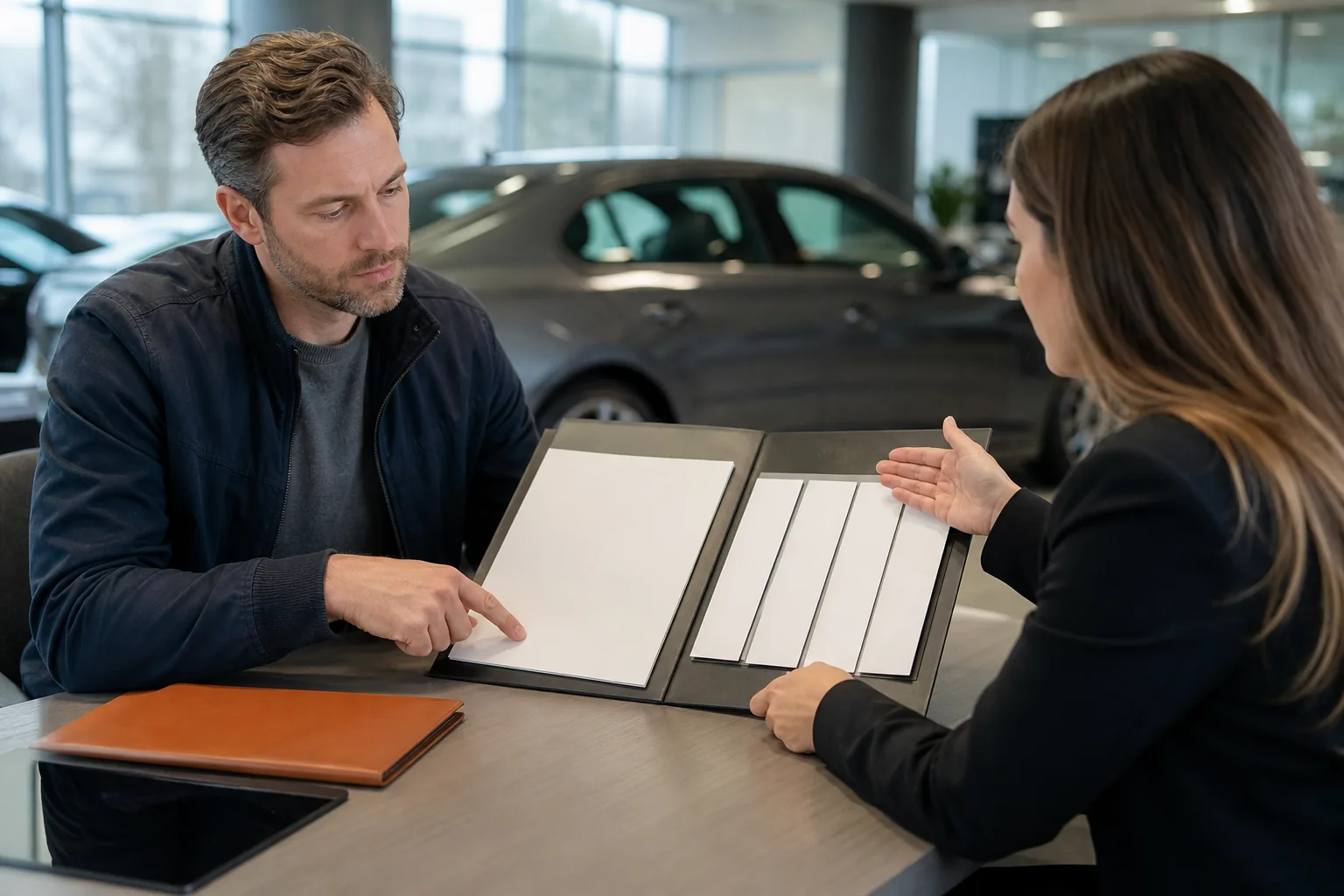 Buyer and dealership representative reviewing a blank vehicle service contract