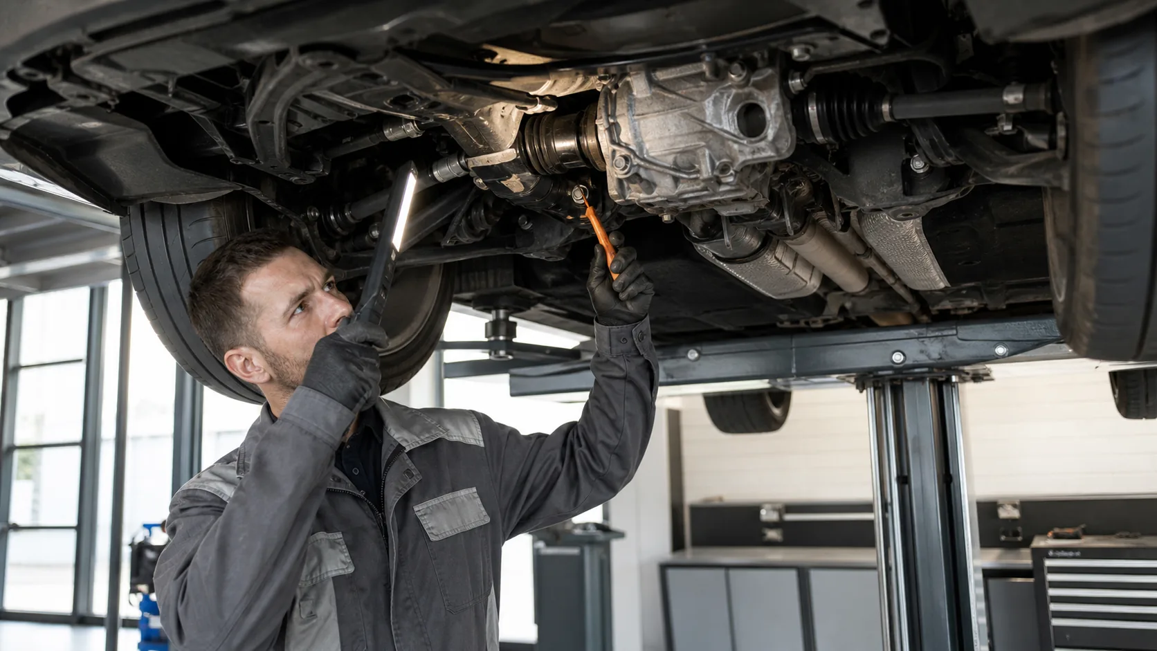Mechanic inspecting a vehicle drivetrain on a professional lift